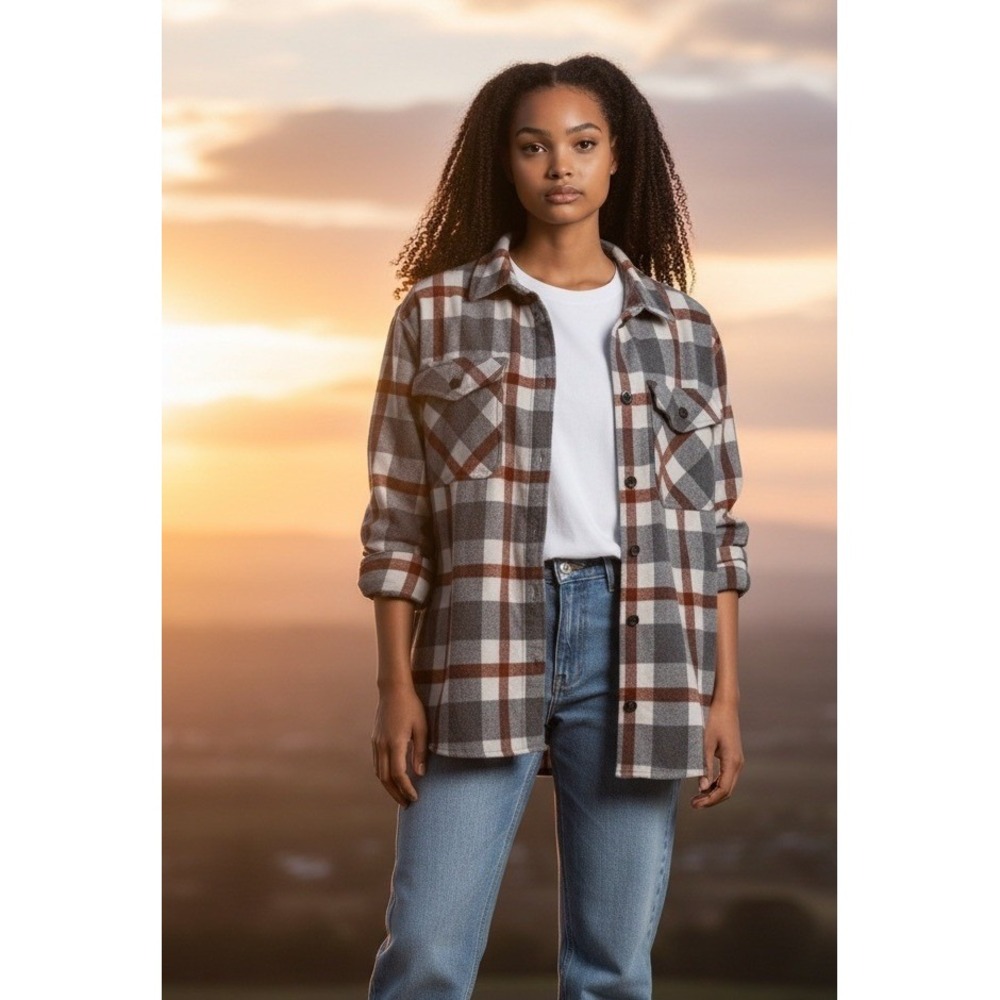 HFX Plaid Oversize Button Up Shacket Womens Size M/M Grey Rust White‎